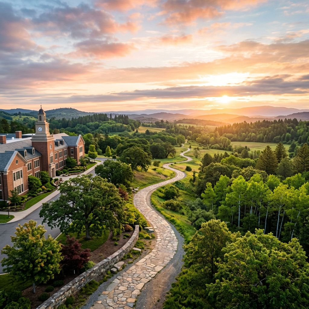Clock-towered brick campus beside a winding stone path at sunset